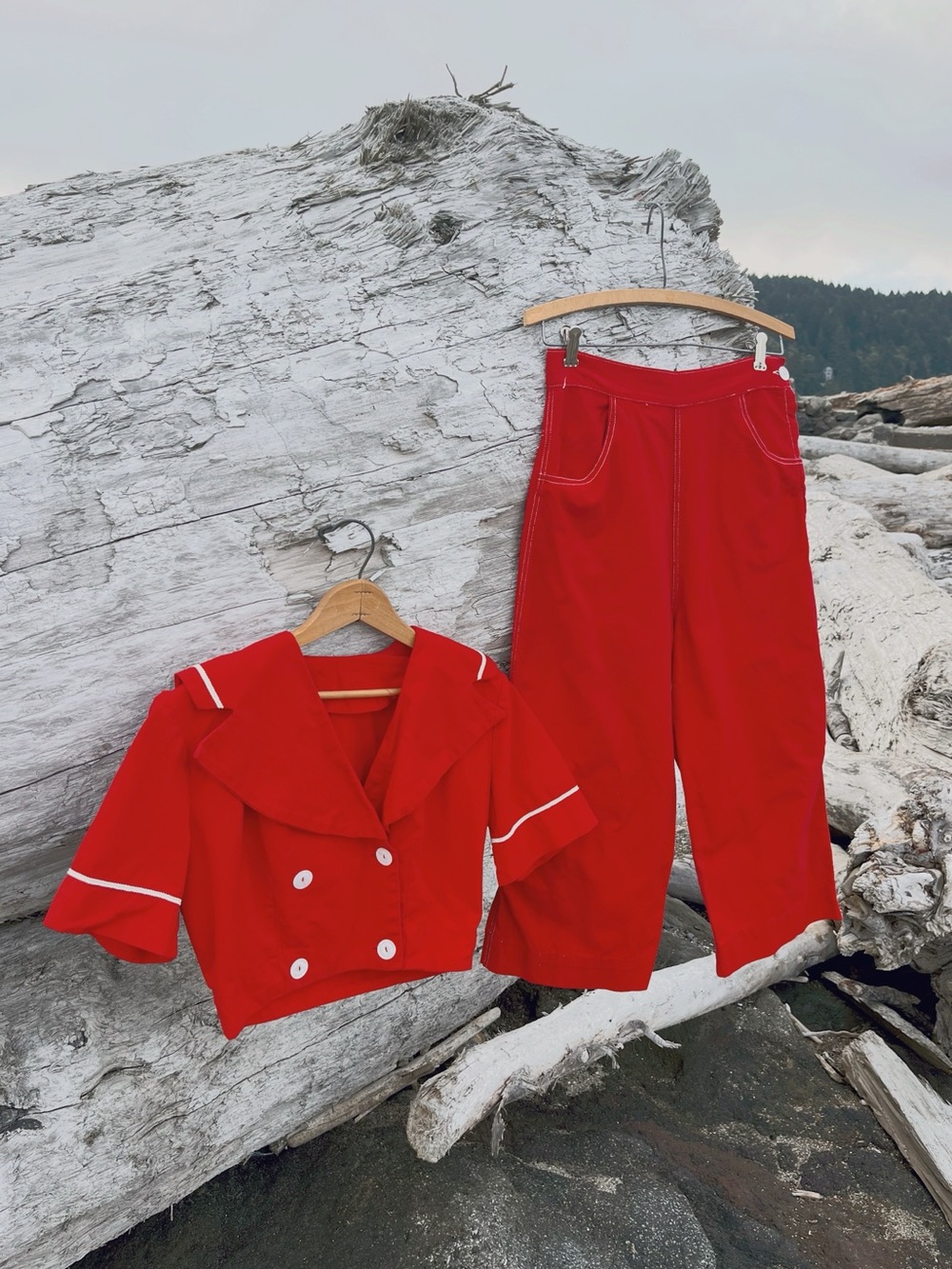 1950s 50s MCM Vintage Ellenbogen California Red Cotton Western Top Pants Set S